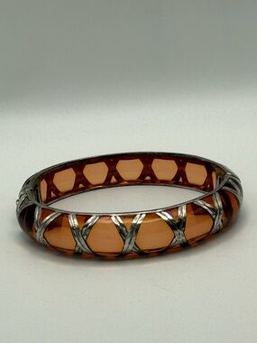 Angelique De Paris Sterling Silver Amber Resin Hinged Bangle Bracelet Vintage